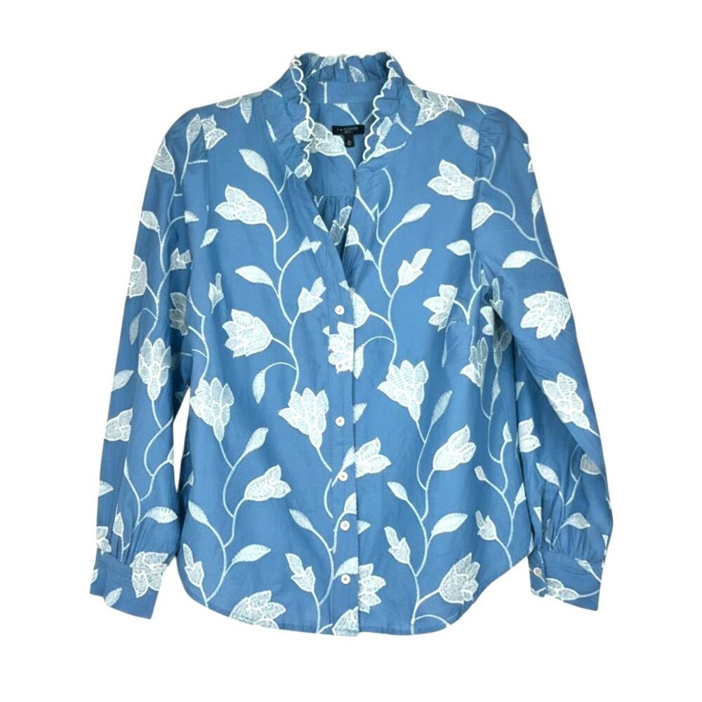 Talbots Women's Size MP Embroidered Blue Ruffle Neck Button-Up Shirt Blouse Top